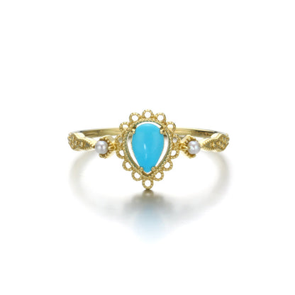 Women's Natural Turquoise Pearl Openwork Pattern Ring