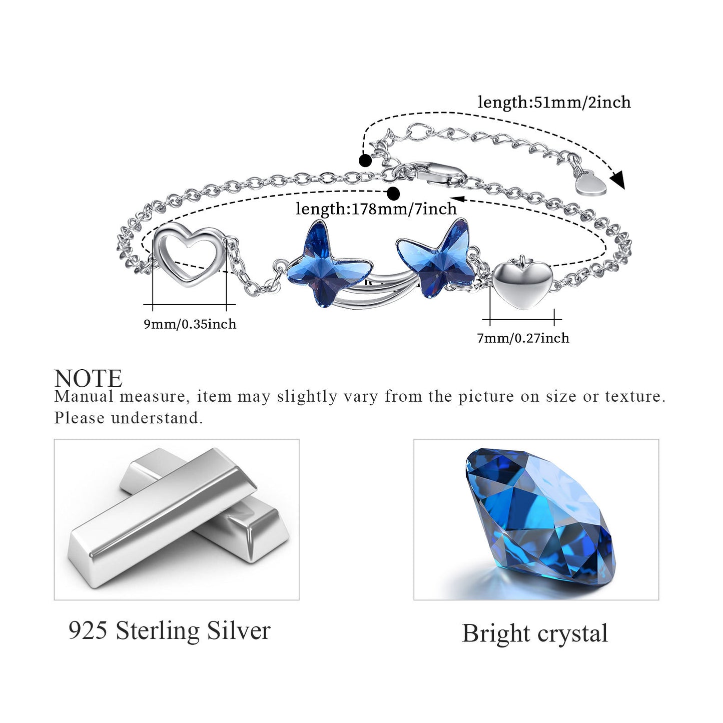 Bracelet pendentif papillon en argent sterling 925 avec zircone cubique bleue