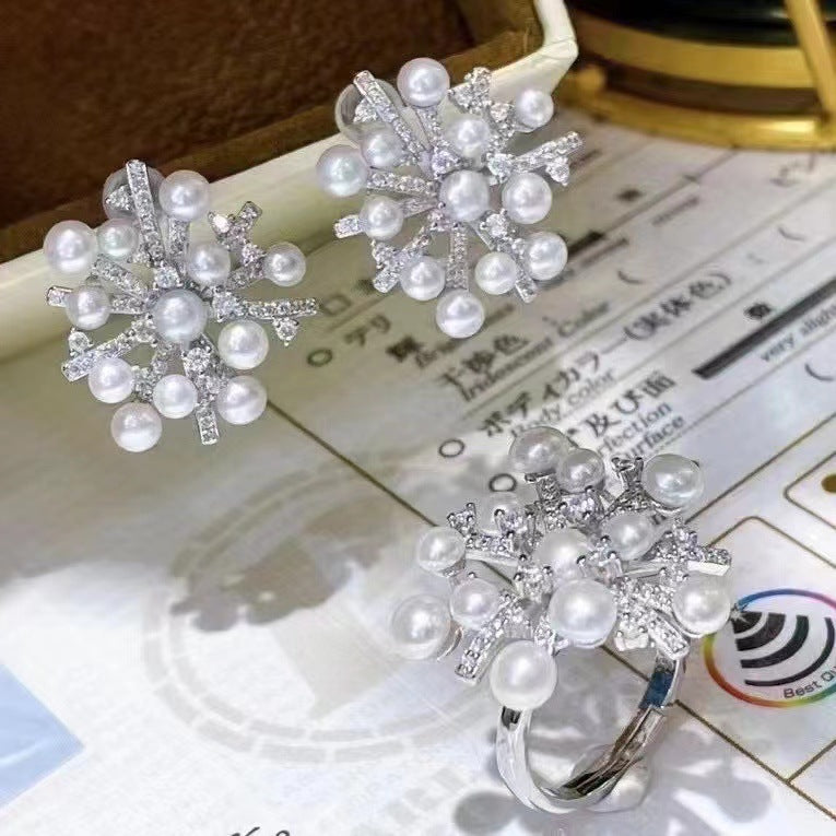 High Quality Pearl Stud Earrings Ring Snowflake Set