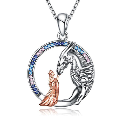 Collier en argent sterling avec fille et princesse dragon