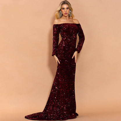 Robe de soirée sexy sans bretelles à paillettes et manches longues