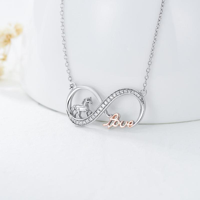 Collar de plata de ley con el símbolo del infinito y el amor de un caballo, regalo para mujer