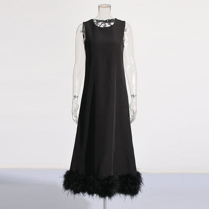 New Fashion Round Neck Lace-up Hem Stitching Feather Dress