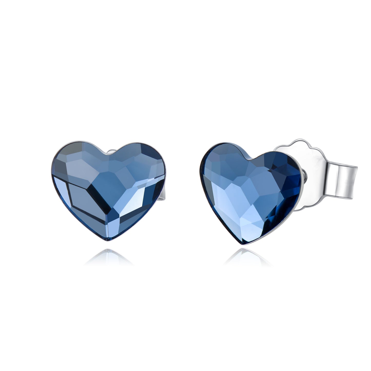 Pendientes pequeños de plata de ley con forma de corazón y cristales azules para orejas sensibles