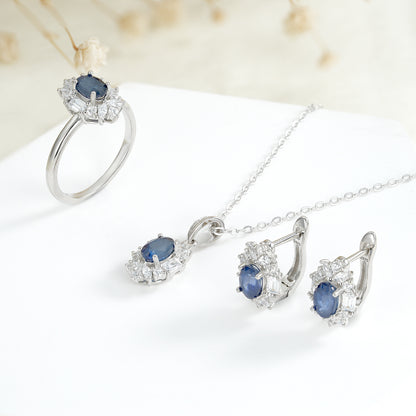 S925 Silver Natural Sapphire Geometric Earrings Necklace Ring Set Women's Light Luxury High Class Elegant Jewelry Three-piece Set