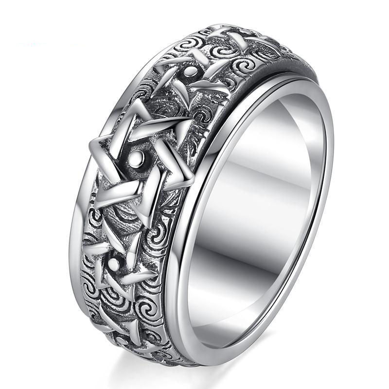 Turnable S925 Silver Ring Men's Retro Hexagram Wide Version