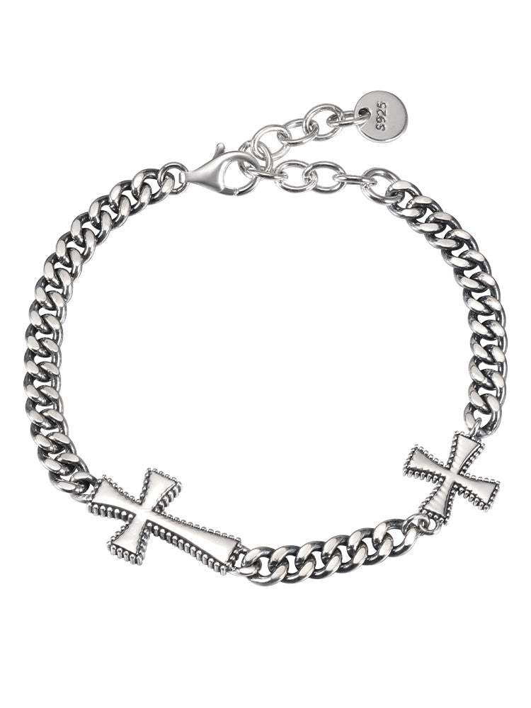 Pulsera de cadena de eslabones cubanos con doble cruz de plata esterlina para hombre estilo hip hop