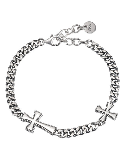 Sterling Silver Double Cross Cuban Link Chain Bracelet Men's Hip Hop