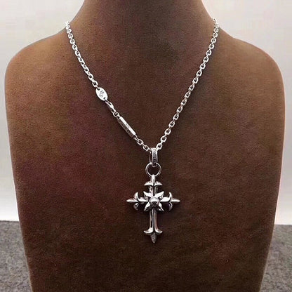 Silver Sweater Chain European And American Street Hip Hop Trendy Men's Personality Cross Pendant Thai Silver Retro Chain Set