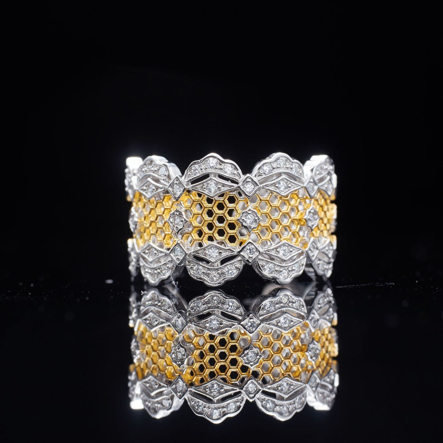 Ins Wind Lace Two-tone Hollow Honeycomb  Ring