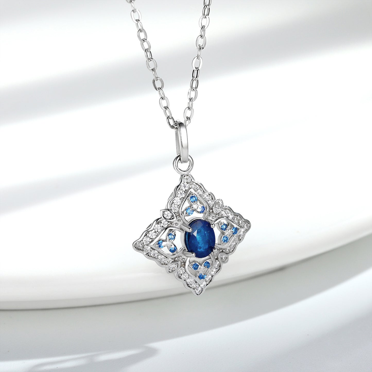 S925 Silver Inlaid Natural Sapphire Necklace High Level Pendant Female Simple Retro Hollow Geometric Diamond Necklace