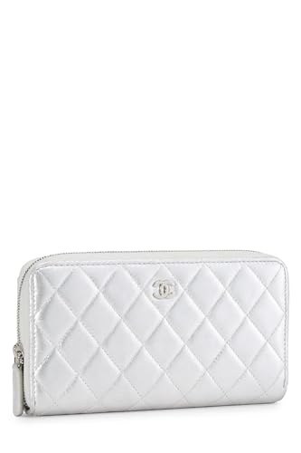 Chanel, Pre-Loved Silver Lambskin Zip Around Wallet, Silver