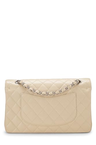 Chanel, sac à rabat double classique matelassé beige caviar d'occasion, taille M, beige