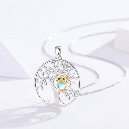 Collier avec pendentif hibou en argent sterling 925 avec arbre de vie et pierre de lune