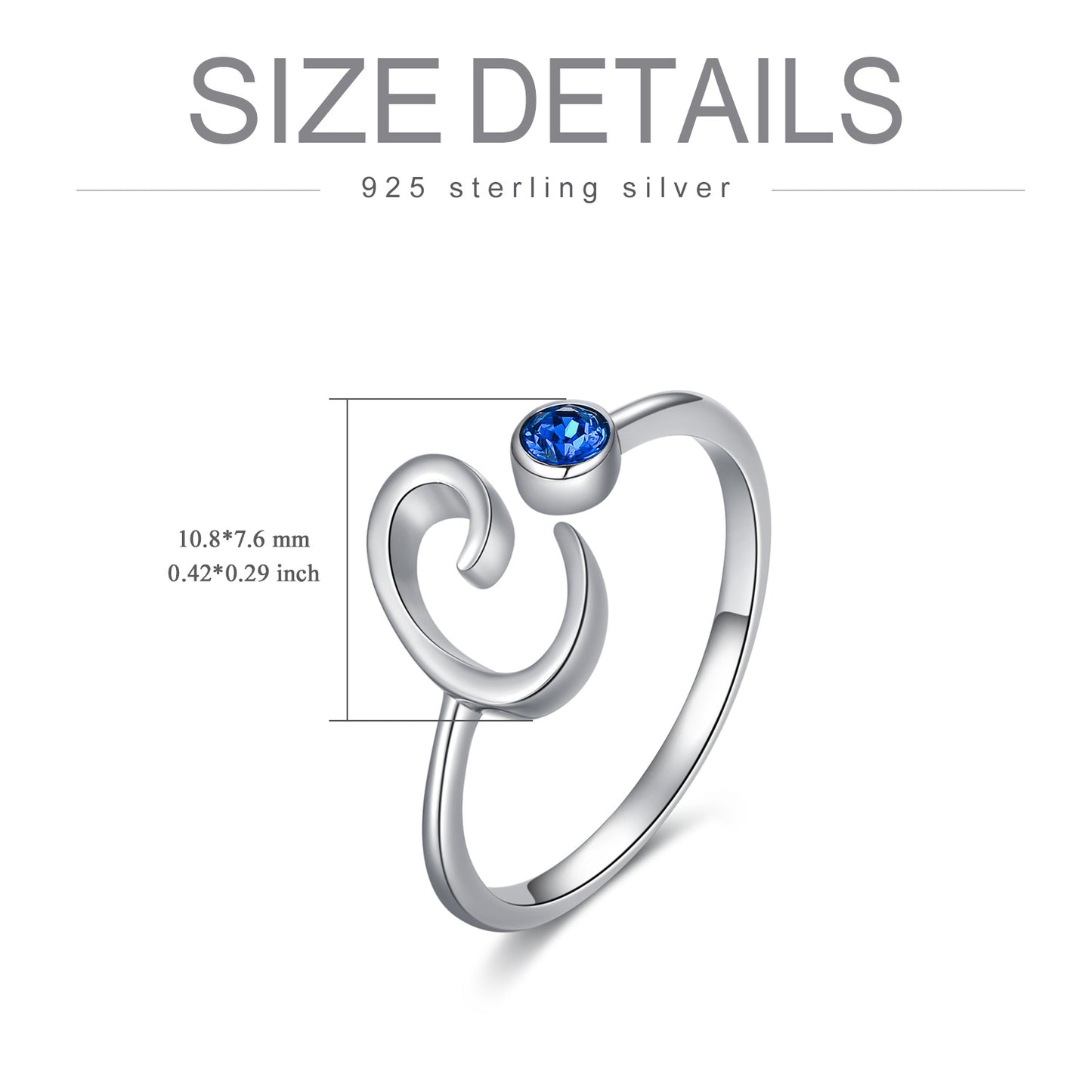 Bague initiale lettre M en cristal bleu en argent sterling 925