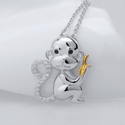 Monkey Eating Banana Pendant 925 Silver Necklace