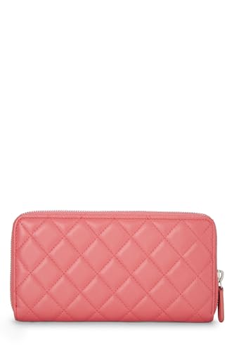 Chanel, portefeuille zippé en cuir d'agneau matelassé rose d'occasion, rose