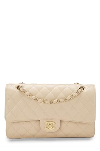 Chanel, sac à rabat double classique matelassé beige caviar d'occasion, taille M, beige