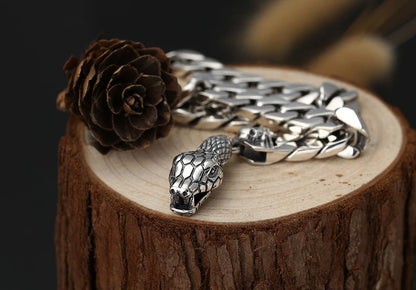 Sterling Silver Wrist Chain Ornament Trendy Thai Silver Hipster Snake Head Buckle Nude Men's Bracelet