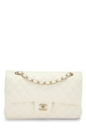 Chanel, sac à main classique à double rabat en cuir d'agneau matelassé blanc de taille moyenne, blanc