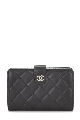 Chanel, Portefeuille compact en cuir d'agneau matelassé noir d'occasion, noir