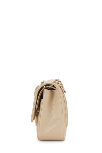 Chanel, sac à rabat double classique matelassé beige caviar d'occasion, taille M, beige