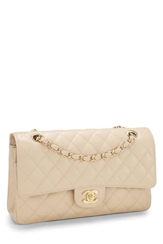 Chanel, sac à rabat double classique matelassé beige caviar d'occasion, taille M, beige