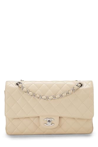 Chanel, sac à rabat double classique matelassé beige caviar d'occasion, taille M, beige