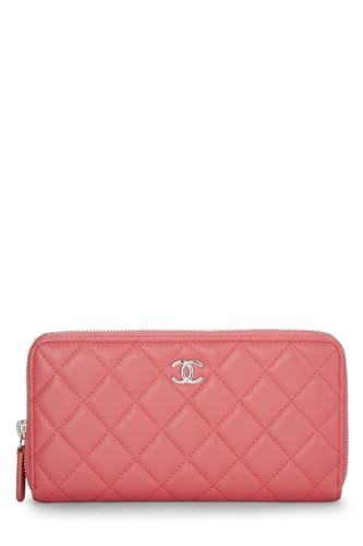 Chanel, portefeuille zippé en cuir d'agneau matelassé rose d'occasion, rose