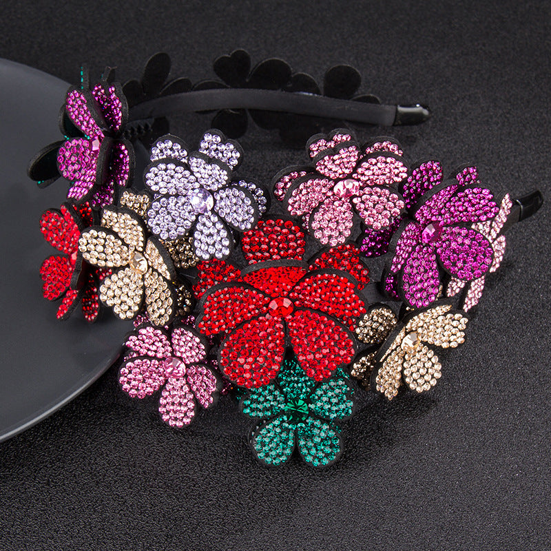 Flower Wide Edge Rhinestone Big Headband High-grade Diamond-studded Color Non-slip Hair