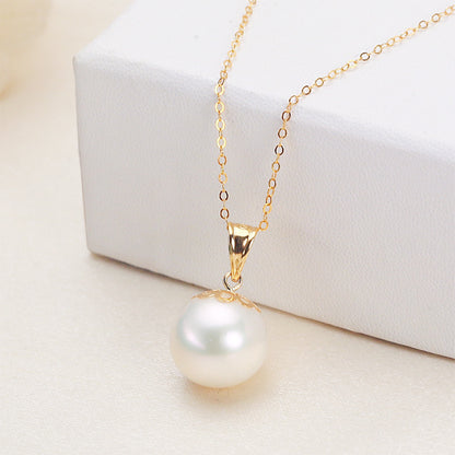 18K Gold Oval Buckle Pendant White Pearl Necklace