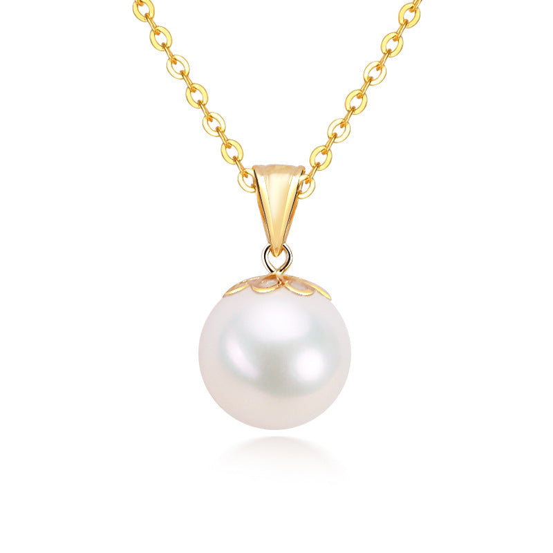 18K Gold Oval Buckle Pendant White Pearl Necklace