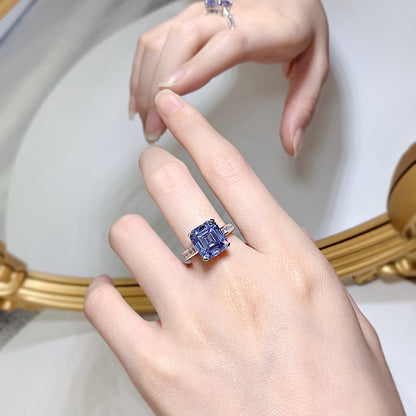 Bague en argent S925 avec strass bleu gris à haute teneur en carbone