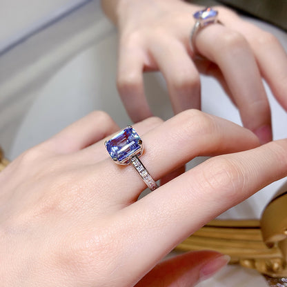 Bague en argent S925 avec strass bleu gris à haute teneur en carbone