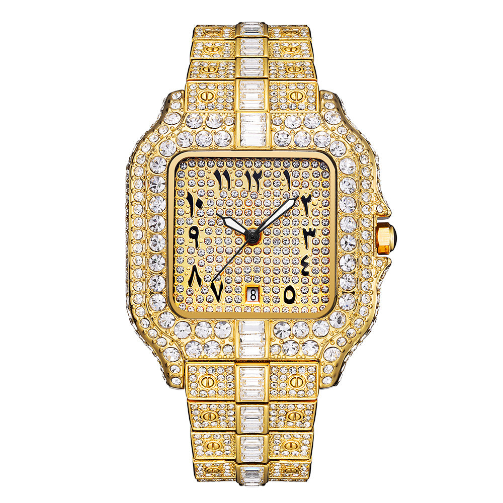 Montre carrée tendance pour homme avec motif graffiti et diamants