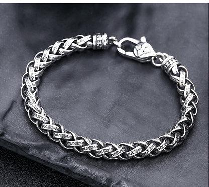 Pulsera tejida de plata de ley con mantra de seis palabras para hombre