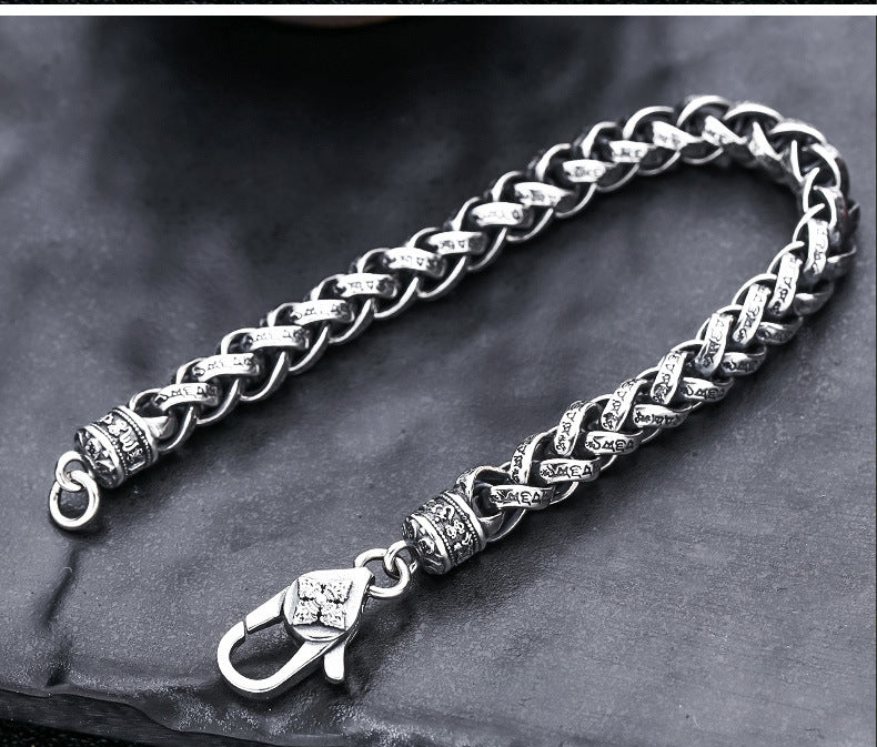 Bracelet tissé en argent sterling pour homme avec mantra à six mots