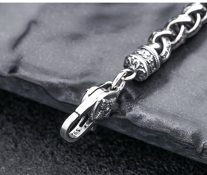 Pulsera tejida de plata de ley con mantra de seis palabras para hombre