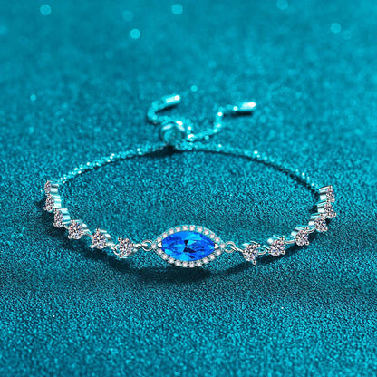 925 Silver Simple Personality Telescopic Adjustable Royal Blue Horse Eye Moissanite Bracelet