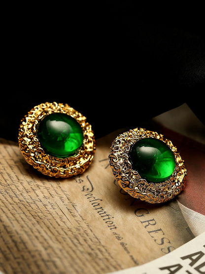 Women's French Retro Baroque Round Gem Silver Pin Earrings