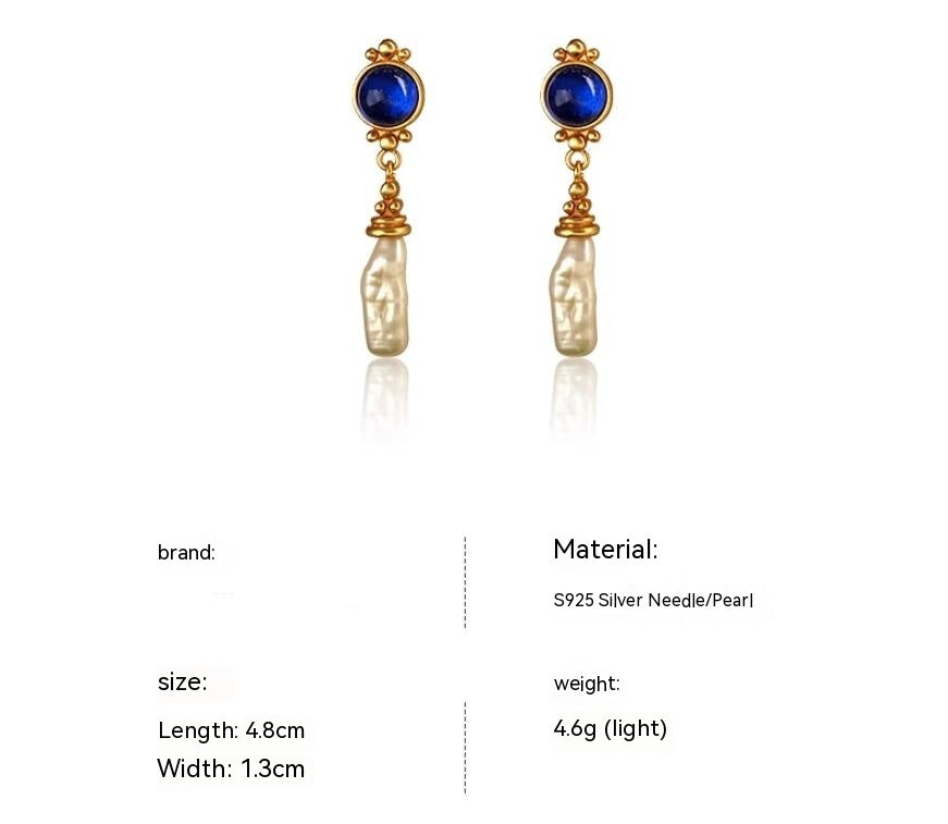 French Retro Maillard Blue Baroque Pearl Earrings