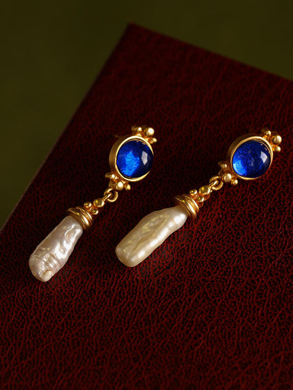 French Retro Maillard Blue Baroque Pearl Earrings