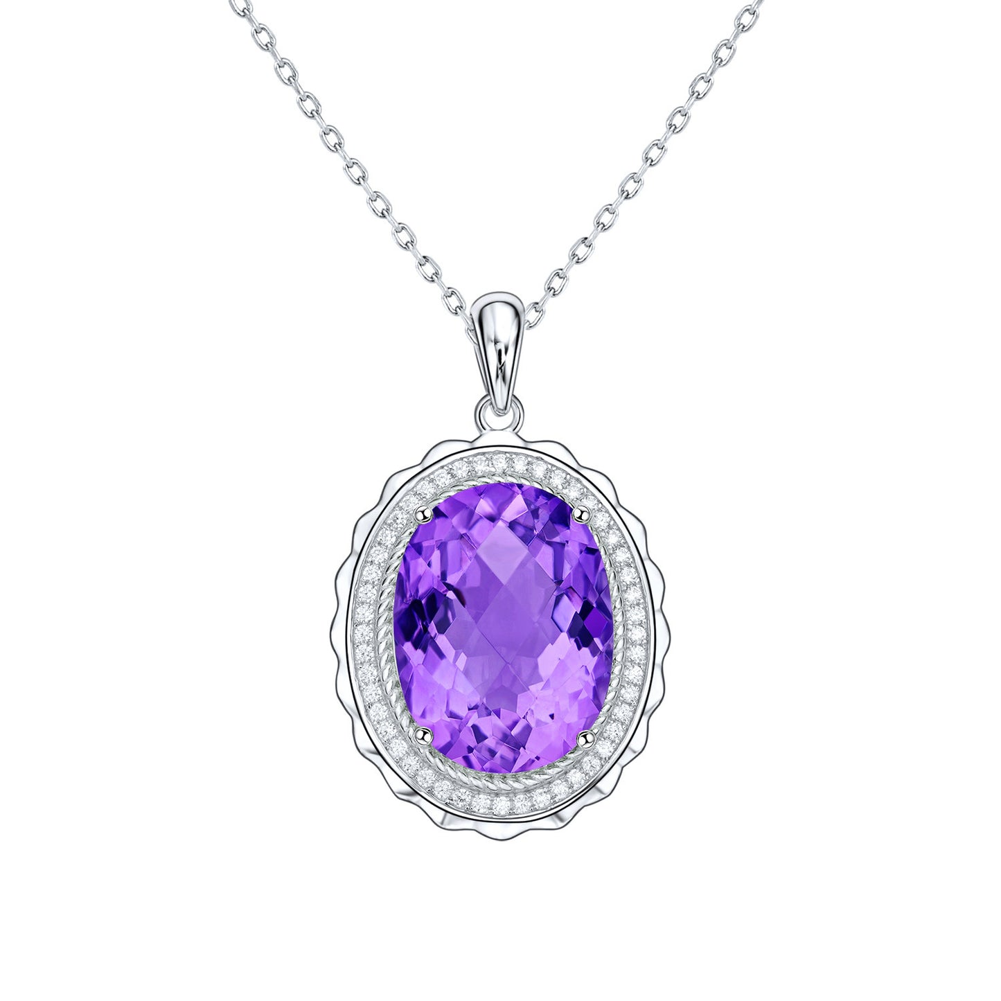 Luxury Style Necklace S925 Silver Set Oval Natural Amethyst Pendant