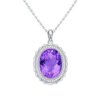 Luxury Style Necklace S925 Silver Set Oval Natural Amethyst Pendant