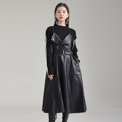 Robe taille haute amincissante en cuir PU rétro à taille contrôlée