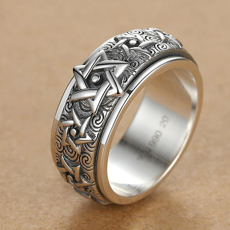 Turnable S925 Silver Ring Men's Retro Hexagram Wide Version