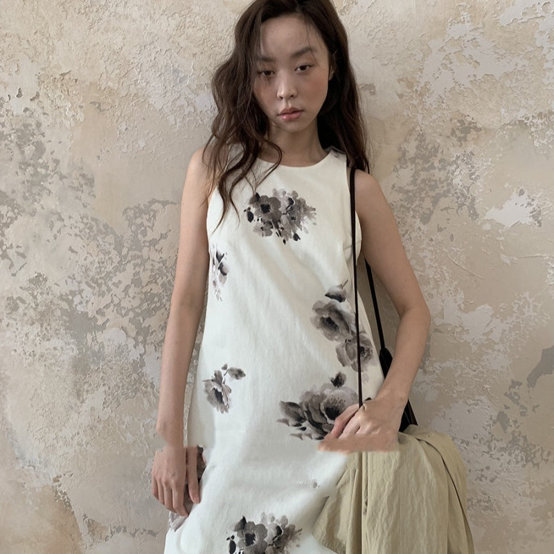 Robe sans manches à imprimé encre de style chinois pour femmes