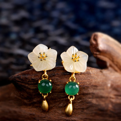 Fashion S925 Silver Plated Women's Floral Hetian Jade Ear Studs