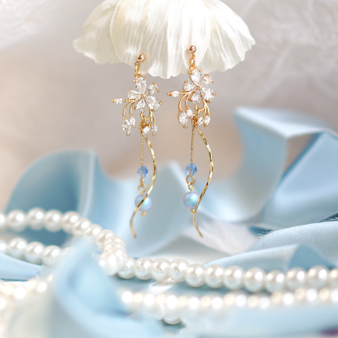 Snow Ice Tassel Design Long Flower Fairy Air Earrings,