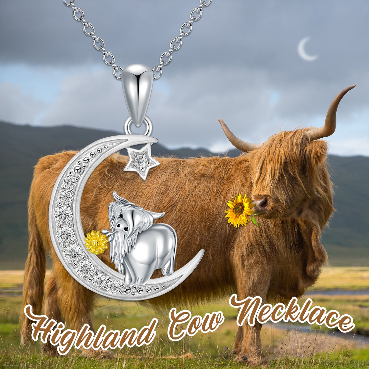 Highland Cow Necklace Sterling Silver Cow Pendant Sunflower Necklace Cow Jewelry Gifts for Women Girls Cow Lovers